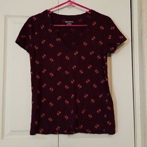 Maroon layering tee, accented with birds